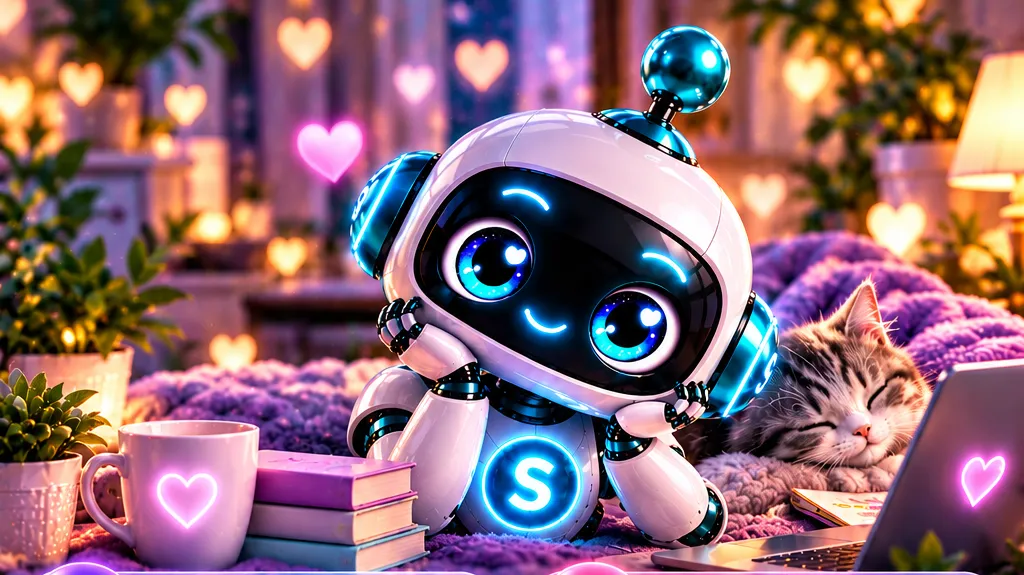 Sammy, un pequeño robot blanco con ojos azules brillantes, junto a un gatito dormido en una habitación acogedora