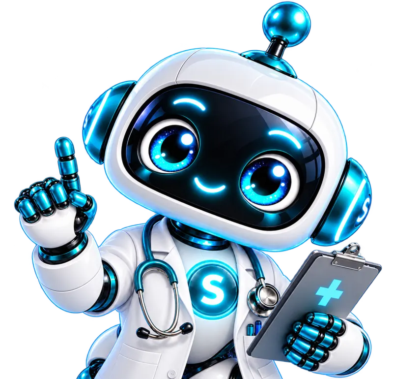 Sammy con bata blanca, estetoscopio y una tablilla médica